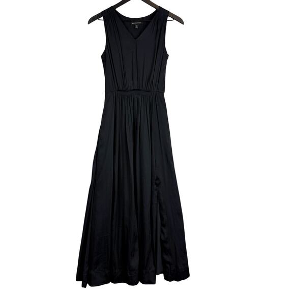 Banana Republic Maxi w Slits Pleated Vneck Dress Black Satin - 0P 0 Petite - Picture 1 of 12